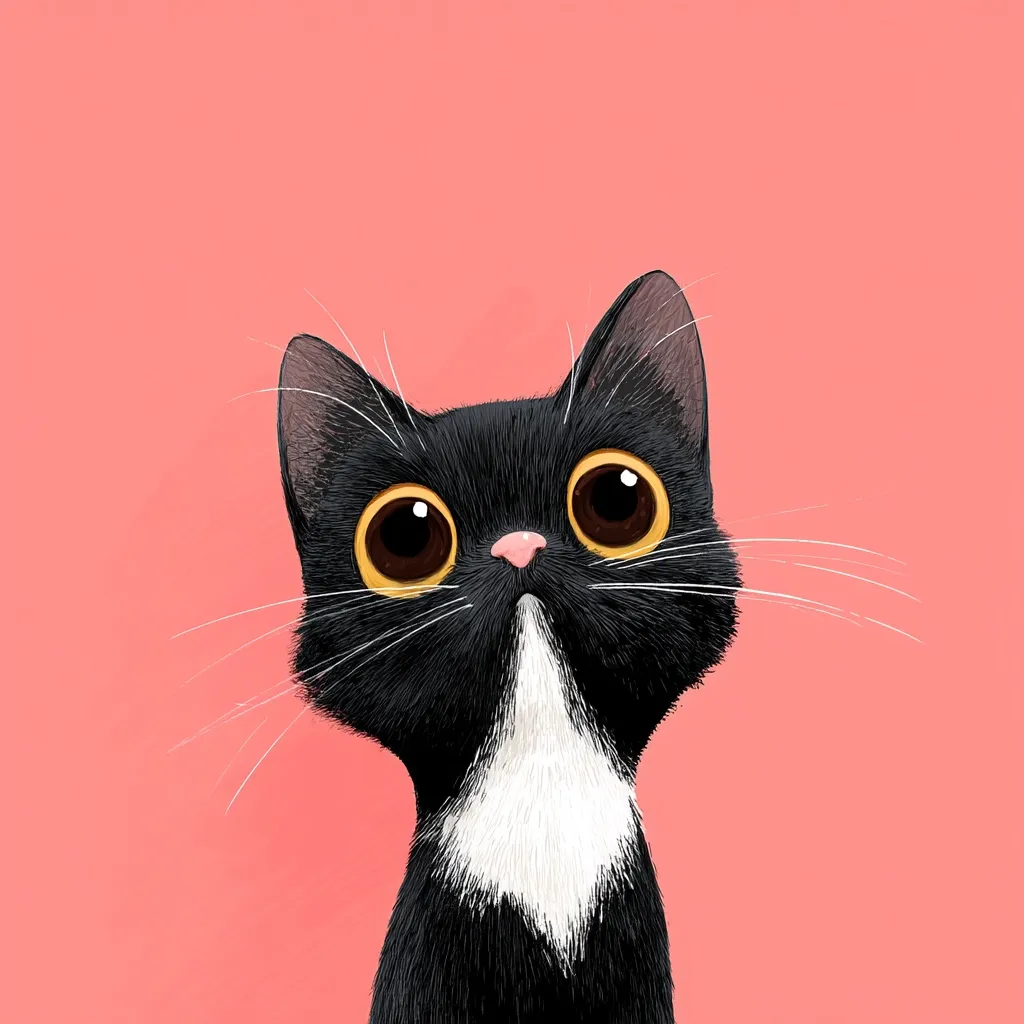 An illustration of a cute black and white kitten with large, expressive yellow eyes.  The kitten is looking upward, its fluffy fur meticulously detailed.  The  kitten's white chest fur contrasts with its black body. It's set against a solid, pale pink background. The style is cartoonish and endearing.