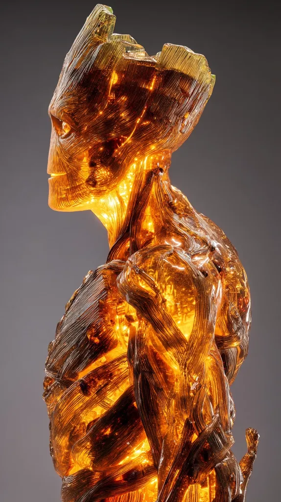 A striking, amber-hued sculpture of Groot, the sentient tree from Guardians of the Galaxy, is presented in profile.  The artwork is crafted with intricate, interwoven strands of translucent material, creating a luminous, organic texture. Internal lighting enhances the piece's warmth and detail, highlighting Groot's characteristic features. The sculpture showcases a masterful blend of artistry and cinematic representation.