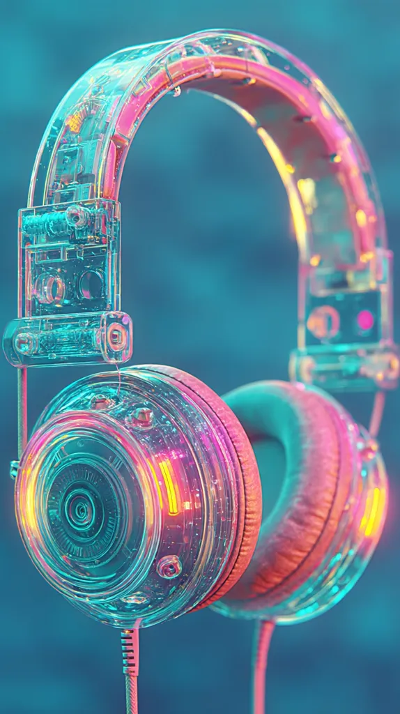 A pair of translucent headphones, rendered in vibrant teal and pink hues, are showcased against a blurred teal backdrop.  The headphones have a futuristic, almost transparent design, revealing internal components.  Neon-like lighting accents the earcups, creating a visually striking and modern aesthetic. The image suggests a blend of technology and artistry.