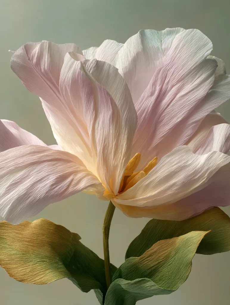 A delicate, papercrafted tulip dominates the image.  Its petals, in soft pinks and creams, exhibit a crinkled texture, suggesting handmade artistry.  The leaves, in muted greens and golds, contrast beautifully with the flower.  The overall effect is one of serene elegance and subtle color gradation.  The soft lighting enhances the texture and the gentle hues.