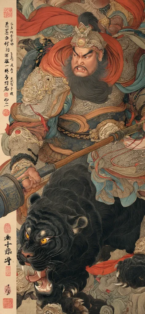 A majestic warrior, adorned in ornate armor and a crown, fiercely grips a long staff.  His face is stern, his beard long, and he sits astride a powerful black tiger.  Rich, flowing fabrics in reds and blues surround him, suggesting a scene of great power and movement.  The artwork's detailed style and vibrant colors evoke a sense of ancient mythology or legend.