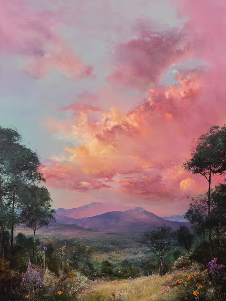 A dreamy landscape painting depicts a vibrant sunset casting a rosy hue across the sky.  Soft pink and orange clouds dominate the upper portion, contrasting with the dark silhouettes of distant mountains.  In the foreground, a field of wildflowers stretches towards a line of trees, creating a peaceful and serene atmosphere. The overall impression is one of tranquility and romantic beauty.