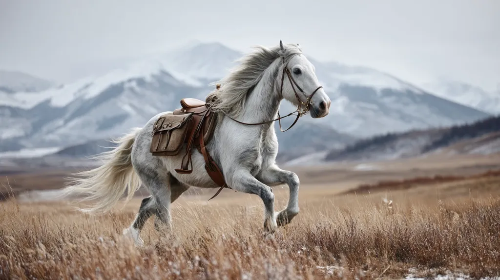 A majestic white horse, adorned with a brown saddle and bridle, gallops across a field of tall, dry grass.  Snow-capped mountains form a dramatic backdrop under a muted sky. The horse's flowing mane and tail add to its elegance as it runs freely across the wide-open landscape.  The overall scene evokes a sense of freedom and wild beauty.
