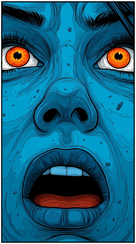A stylized close-up of a woman's face, rendered in shades of blue.  Her wide eyes, with striking orange irises, are filled with terror.  Her mouth is open in a silent scream, revealing teeth.  The style is reminiscent of comic book art or graphic novel illustration, with bold lines and a textured surface.  The overall effect is one of intense emotion and visual impact.