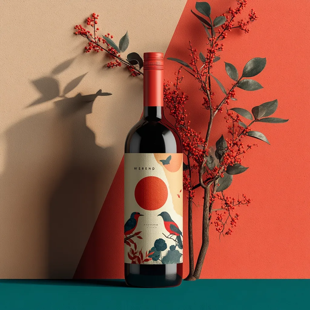 A bottle of Werend wine is elegantly displayed against a two-toned background of beige and coral.  The label features a minimalist design with a large orange circle, two stylized birds, and subtle foliage, creating a sophisticated aesthetic.  A branch with red berries adds a touch of natural beauty.  The overall image conveys a sense of calm and refined taste.
