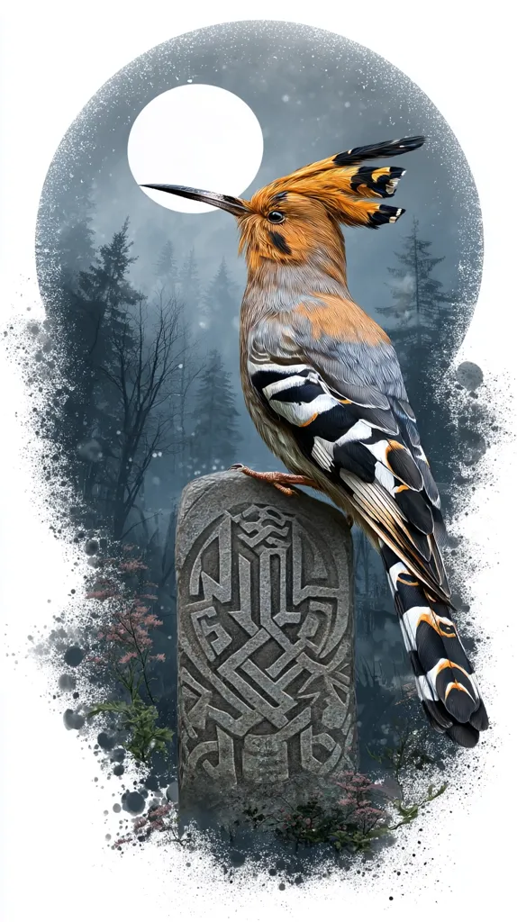 A Eurasian hoopoe perches on a stone pillar adorned with intricate carvings.  The bird, vividly detailed, is set against a dreamy, misty forest backdrop under a large, full moon.  The scene evokes a mystical, fairytale atmosphere, with a splash of paint-like texture adding to the artistic effect. The overall palette is muted blues and greys, contrasted by the warm orange and brown hues of the hoopoe's crest.