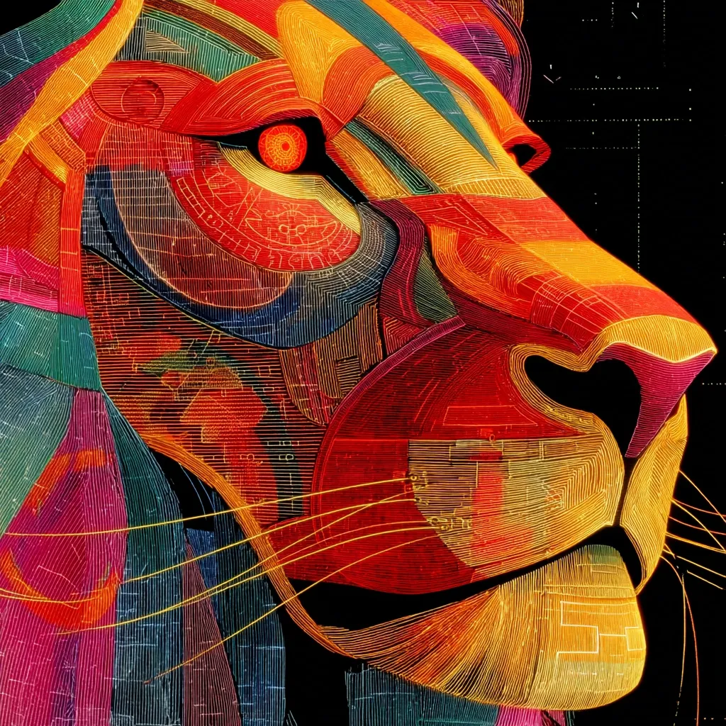 A vibrant, stylized close-up of a lion's head.  The artwork utilizes a bold color palette of reds, oranges, yellows, and blues, creating a pattern of interwoven lines that resemble circuitry or a digital design.  The lion's eye is a striking focal point, emitting a red glow. The overall effect is a striking blend of nature and technology.