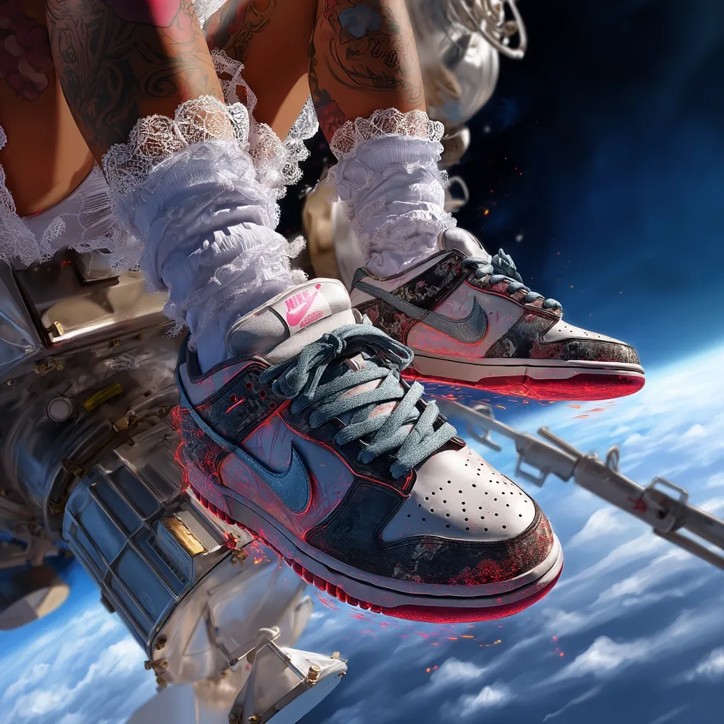A pair of Nike Dunk Low sneakers, adorned with a floral pattern and accented with red flames, are shown floating in space.  The shoes are worn by a person with tattooed legs and white lacy socks, partially visible against the backdrop of a spacecraft's exterior.  The vibrant image contrasts the delicate floral design with the harsh, futuristic space setting.