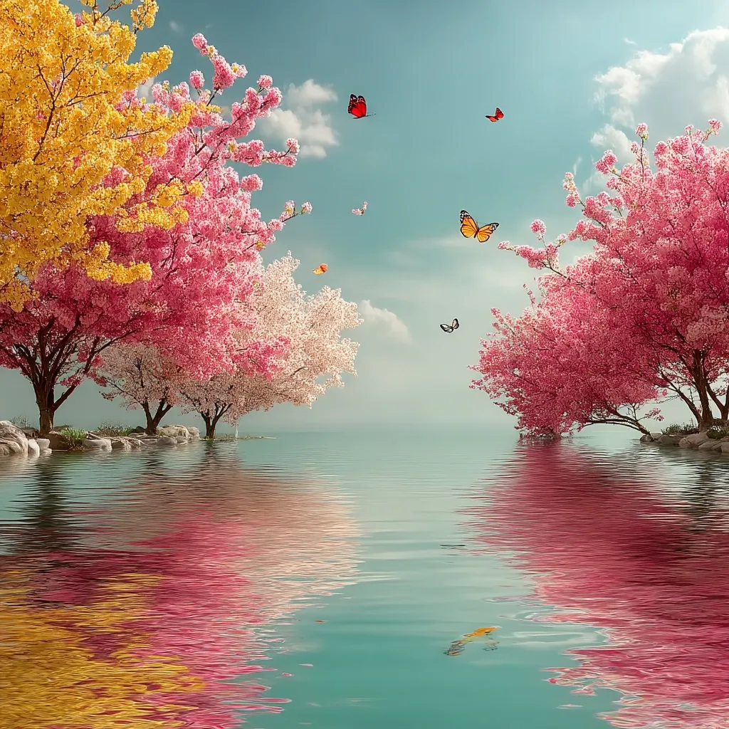 A serene landscape features two groups of flowering cherry trees, one pink and one yellow-pink, positioned symmetrically on either side of a calm body of water.  Butterflies flutter in the sky above the tranquil scene, their colors complementing the blossoms. The water reflects the trees and sky, creating a mirror-like effect.  The overall atmosphere is peaceful and idyllic, evoking a sense of spring and natural beauty.