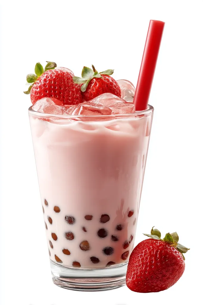 A refreshing glass of strawberry bubble tea is shown.  The pink beverage is filled with tapioca pearls and topped with ice and fresh strawberries. A red straw adds a pop of color.  A single strawberry sits beside the glass, enhancing the vibrant imagery of this delicious-looking drink.