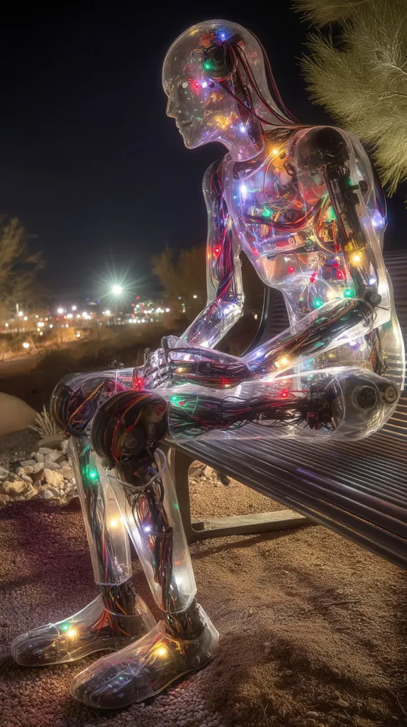 A transparent robotic figure, illuminated with colorful internal lights, sits on a park bench at night.  Its internal wiring and mechanical components are visible through its translucent body. The figure appears pensive, gazing towards a blurred cityscape in the background.  The scene is evocative of science fiction and technological advancement.