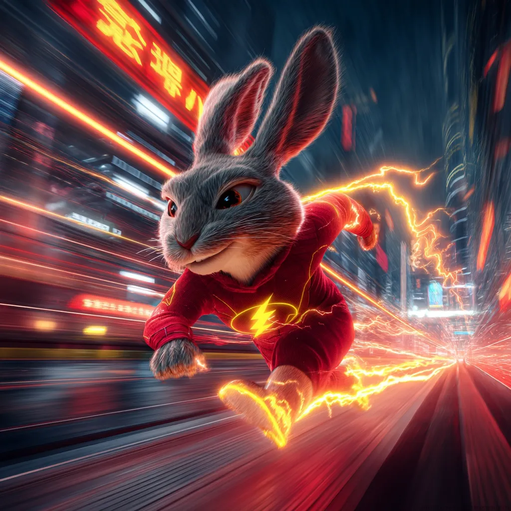 A grey rabbit, stylized as The Flash, runs at super-speed through a vibrant, futuristic cityscape.  Bright streaks of light and energy emanate from the rabbit, mirroring the iconic Flash symbol on its red suit.  The background blurs with motion, emphasizing the incredible speed of the character.  The overall image is dynamic and visually striking.