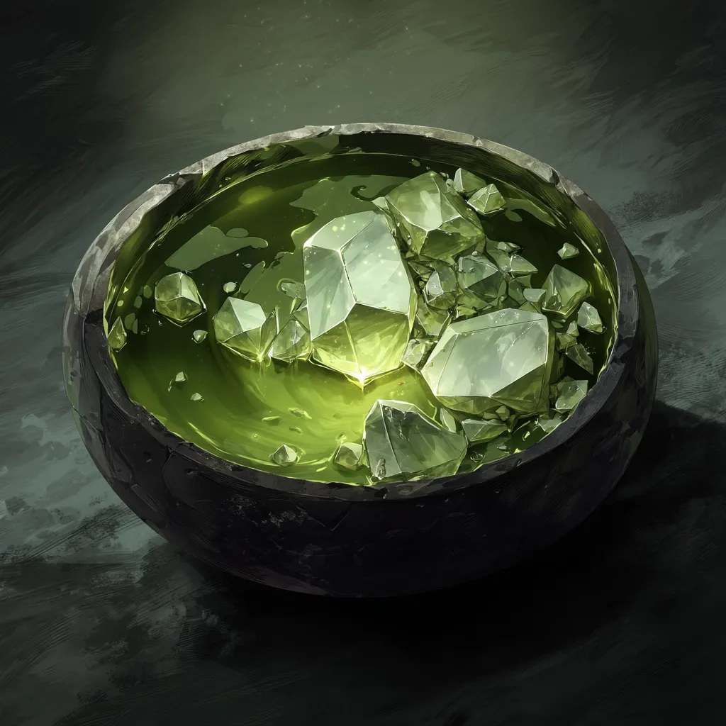 A dark, rough-hewn bowl holds a luminous, viscous green liquid.  Several translucent, glowing green crystals of varying sizes are submerged within the liquid, some whole, others fragmented.  The scene is dimly lit, emphasizing the ethereal glow emanating from the crystals and the liquid, creating a mystical or alchemical atmosphere.