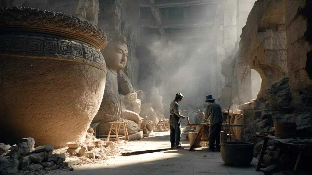 Two stone carvers work within a cavernous space, sunlight streaming in to illuminate the scene.  A massive, partially completed Buddha statue dominates the background, its serene face partially visible.  A large stone urn sits in the foreground, adding to the ancient, almost mystical atmosphere. Dust motes dance in the sunbeams, highlighting the arduous nature of the sculptors' task within the rough-hewn stone walls.