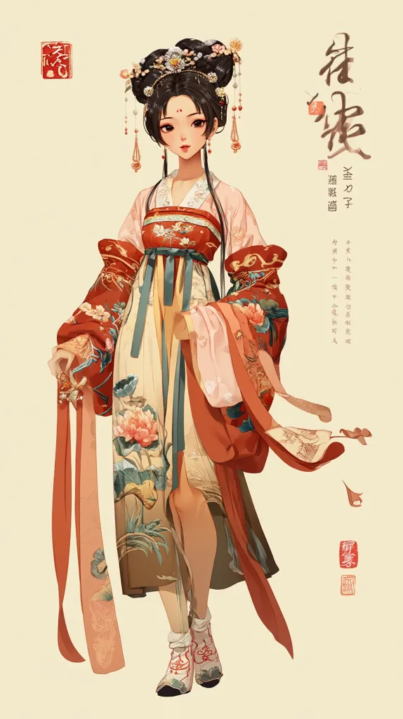 An illustration of a young woman in elegant traditional Chinese attire. She wears a richly decorated long robe in shades of red and beige, featuring intricate floral patterns. Her hair is styled in an elaborate updo adorned with jeweled ornaments. The overall aesthetic is delicate and refined, with a focus on the intricate details of the clothing and accessories.  The background is a simple off-white, drawing attention to the figure.