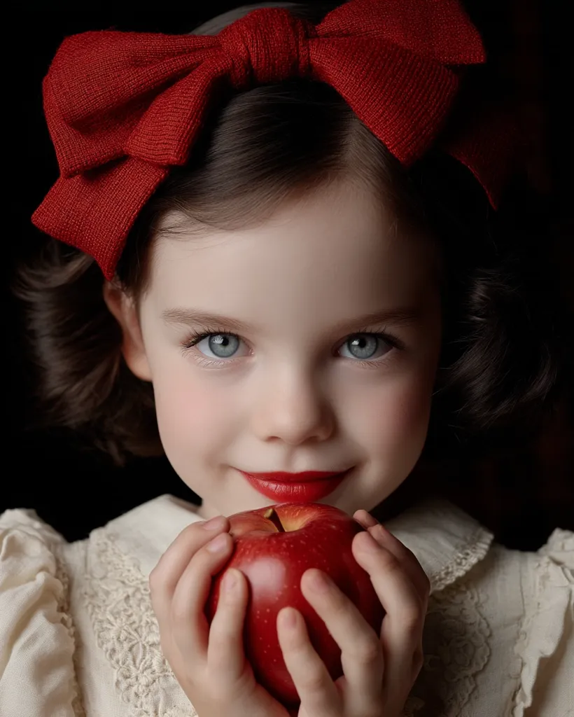 A young girl, styled like Snow White, holds a bright red apple.  She wears a creamy white lace dress and a large, crimson bow in her dark hair. Her eyes are large and expressive, and her lips are painted a matching red. The portrait is dark, focusing attention on the girl and the apple, creating a dramatic effect.