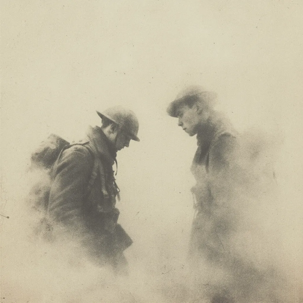 Two soldiers, shrouded in a misty fog, stand facing each other.  One wears a helmet and carries a backpack; the other a cap.  Their forms are indistinct, almost ghostly, against the muted sepia background, creating an atmosphere of somber reflection or shared grief, evocative of a World War I battlefield scene.  The image's soft focus and muted tones emphasize the weight of the moment.