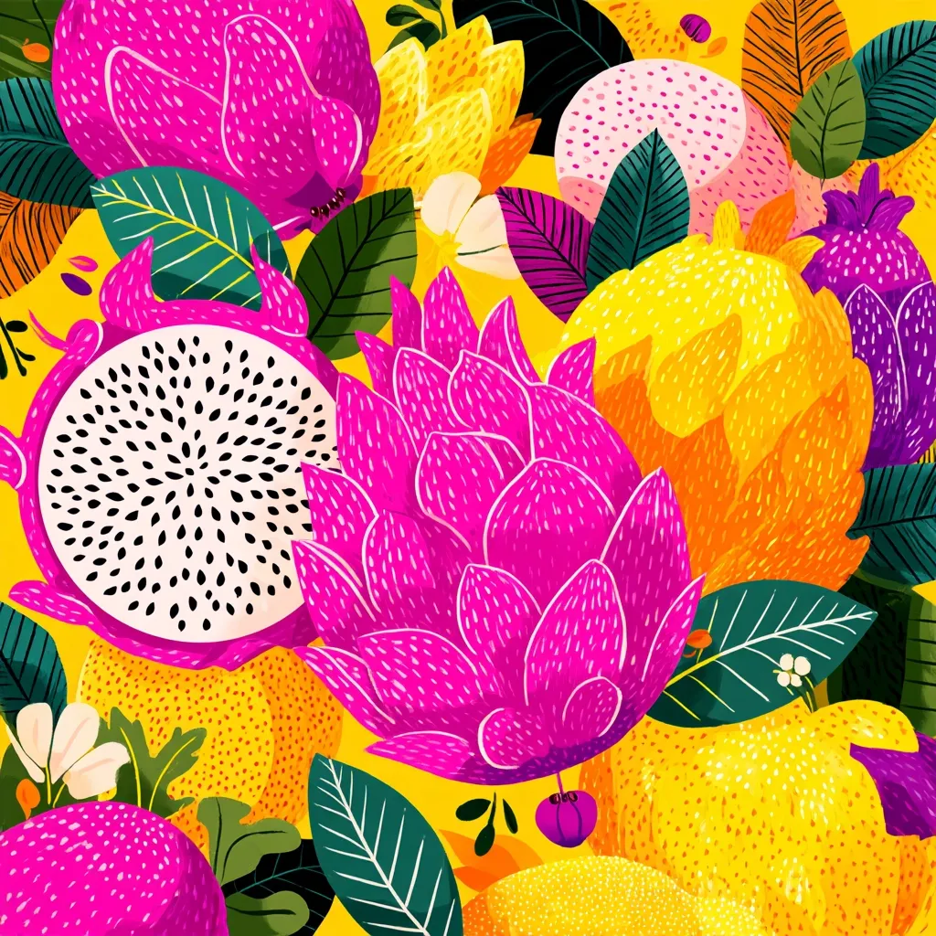 A vibrant illustration features a profusion of tropical fruits and stylized flowers against a sunny yellow backdrop.  Pink dragon fruits, both whole and halved, are prominent, interspersed with bright yellow citrus fruits and magenta floral elements.  The style is bold and graphic, employing contrasting colors and textures to create a lively, energetic composition. Green leaves add depth and contrast to the colorful fruit and flower arrangement.