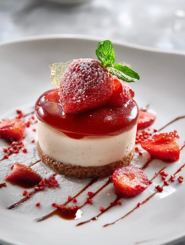 A delectable strawberry cheesecake is artfully presented on a white plate.  The creamy cheesecake is topped with fresh strawberries, a glistening strawberry glaze, and a sprig of mint.  Red sprinkles and a chocolate drizzle adorn the plate, creating an elegant and visually appealing dessert.  The powdered sugar dusting adds a touch of refinement.