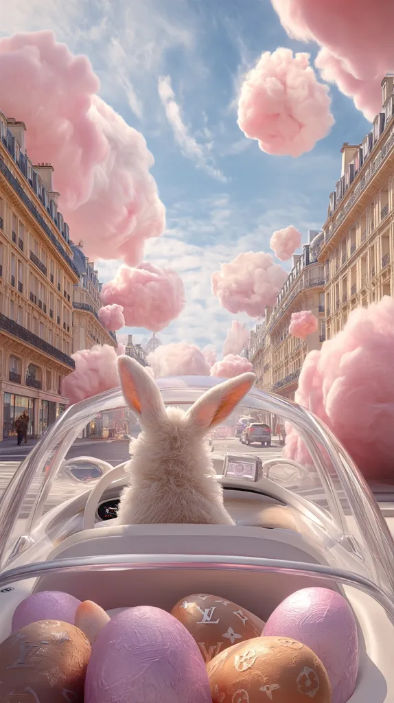 A white rabbit sits behind the wheel of a futuristic car driving down a Parisian street.  Fluffy, cotton candy-like clouds fill the sky above the elegant buildings.  The car's interior holds several pastel-colored Easter eggs, some adorned with a Louis Vuitton monogram.  The overall scene is whimsical and surreal, blending elements of fantasy and reality.