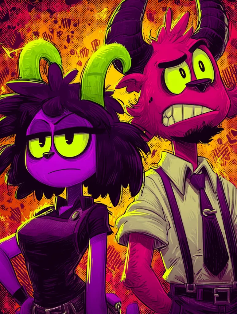 A stylized illustration showcases two cartoon characters, a purple female with horns and a pink male with horns, against a vibrant, textured orange background. The female character, dressed in dark clothing, appears defiant, while the male, in a collared shirt and suspenders, seems mischievous.  Their expressive eyes and bold outlines create a striking visual contrast. The artwork's energetic style suggests a graphic novel or animated series.