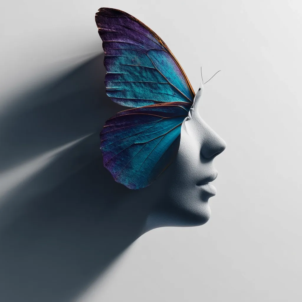 A stylized profile of a woman's face, rendered in shades of gray, is partially obscured by a vibrant blue and purple butterfly wing.  The wing, intricately detailed, covers one eye and extends along the side of the face.  The image creates a surreal and ethereal aesthetic, suggesting a connection between nature and human beauty. The stark contrast between the muted face and the bright wing is striking.