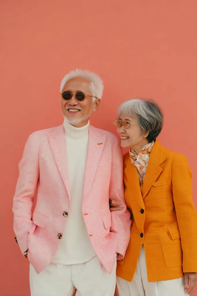 An elderly Asian couple stands against a coral-colored wall.  The man wears a pink blazer, white turtleneck, and white pants; he has gray hair and sunglasses. The woman, with gray hair, sports an orange blazer, white pants, and a patterned scarf. They are smiling, arm in arm, projecting happiness and style. Their bright clothing contrasts beautifully with the background.