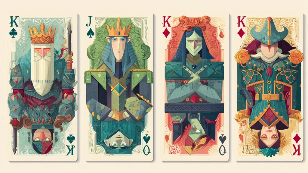 Four stylized playing cards are displayed, showcasing the King and Queen of Spades and the King and Queen of Diamonds. Each royal figure is depicted in intricate detail, wearing elaborate costumes and crowns. The artwork uses a vibrant color palette and geometric patterns, creating a unique and visually appealing design.  The cards are presented upright except for the queens, which are upside down.