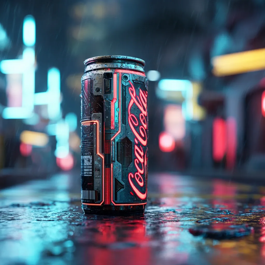 A futuristic Coca-Cola can, adorned with glowing red neon accents and metallic details, sits on a rain-slicked cyberpunk street.  The can's design incorporates technological elements, resembling a piece of advanced machinery.  The background is blurred, showcasing a vibrant, neon-lit cityscape drenched in rain. The overall scene is striking and blends the classic Coca-Cola branding with a dystopian aesthetic.