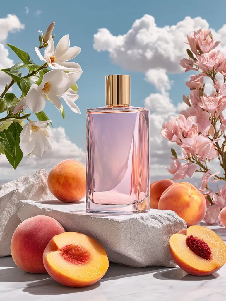A bottle of perfume sits on a white stone, surrounded by fresh peaches and blooming flowers.  The perfume bottle is rectangular with a gold cap and a light pink liquid.  The peaches are ripe and juicy, and the flowers are delicate and fragrant, creating a scene of summery freshness and elegance. The background is a bright blue sky with fluffy white clouds.