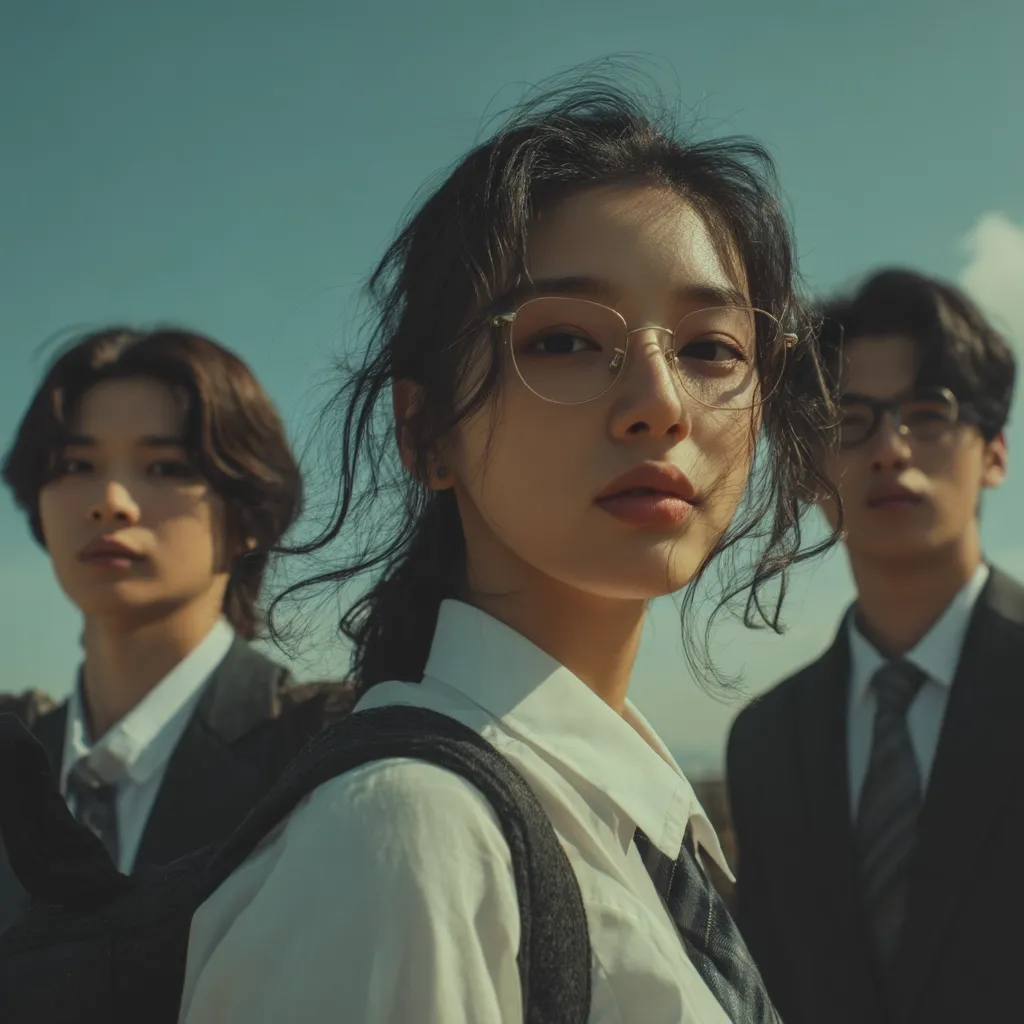 A young woman with dark hair and glasses is the focal point, slightly turned towards the viewer.  She's dressed in a white collared shirt and dark tie, with a backpack.  Two young men in suits flank her, slightly out of focus, creating a depth of field effect. The background is a clear, bright sky.  The overall mood is stylish and somewhat mysterious.