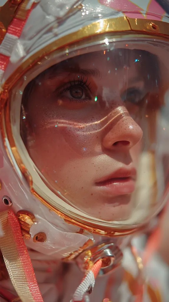 Close-up of a woman's face inside a pink and white astronaut helmet.  The helmet's visor reflects light, creating a sparkling effect. Her skin is visible through the clear visor, showing freckles and soft features.  The image has a dreamy, ethereal quality, suggesting a journey into space or a fantastical setting. The gold trim on the helmet contrasts with the soft pink and white.