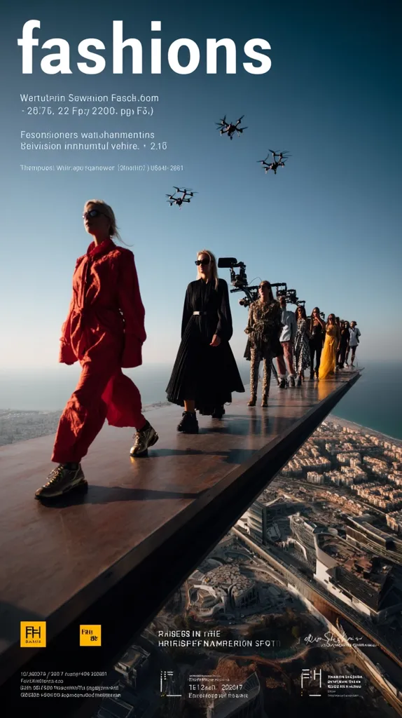 A fashion show takes place on a narrow runway extending from a skyscraper high above a city.  Models walk in stylish clothing, while drones film from above. The poster advertises the event, including contact information and dates. The high-altitude setting provides a dramatic backdrop, emphasizing the fashion's modernity and glamour.