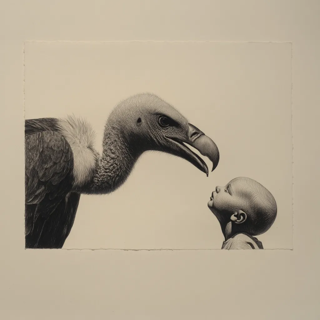 A black and white drawing depicts a close-up of a vulture's head and neck, its beak subtly curved downwards towards a small, bald child gazing upwards. The detailed rendering showcases the textures of the vulture's feathers and the child's skin, creating a stark contrast between the wild bird and the innocent infant.  The composition suggests a moment of intense interaction, leaving the viewer to interpret the complex relationship portrayed. The overall effect is both captivating and unsettling.