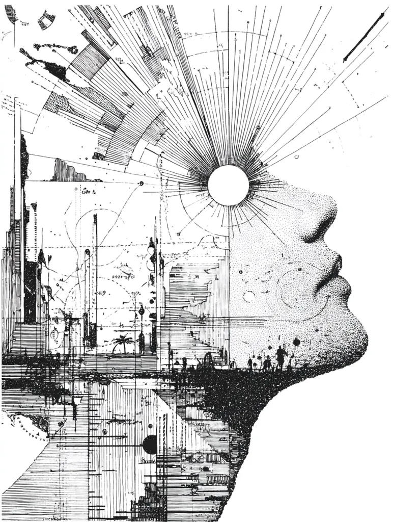A monochromatic abstract artwork depicts a profile of a human head superimposed on a complex, geometric design.  The design features radiating lines emanating from a central circle within the head, resembling a burst of energy or thought.  Overlapping architectural and schematic elements suggest a cityscape or technological network within the mind. The overall style is reminiscent of a blueprint or technical drawing, expressing ideas of consciousness and information processing.