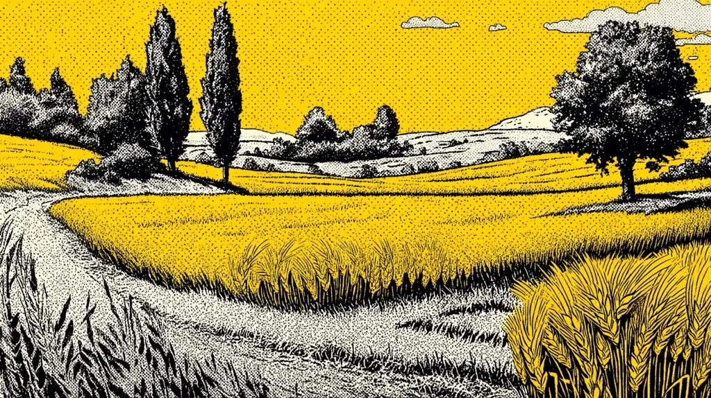 A vibrant yellow landscape, rendered in a woodcut style, depicts rolling hills of ripe wheat fields.  Tall, slender trees stand sentinel in the foreground, while a broader tree sits prominently in the right. A meandering path cuts through the golden fields, leading the eye deeper into the idyllic countryside scene under a partly cloudy sky. The overall effect is one of rustic charm and peaceful serenity.