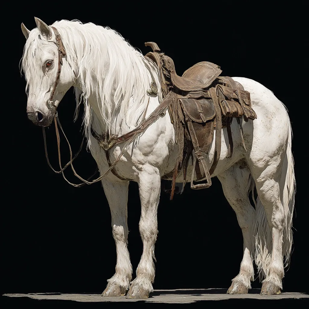 A majestic white horse stands against a black background, its long, flowing mane and tail adding to its regal appearance.  A well-worn leather saddle and bridle adorn the horse, suggesting a life of work and adventure. The horse's musculature is subtly visible beneath its coat, hinting at strength and endurance.  The image is striking in its simplicity and focus on the animal's beauty.