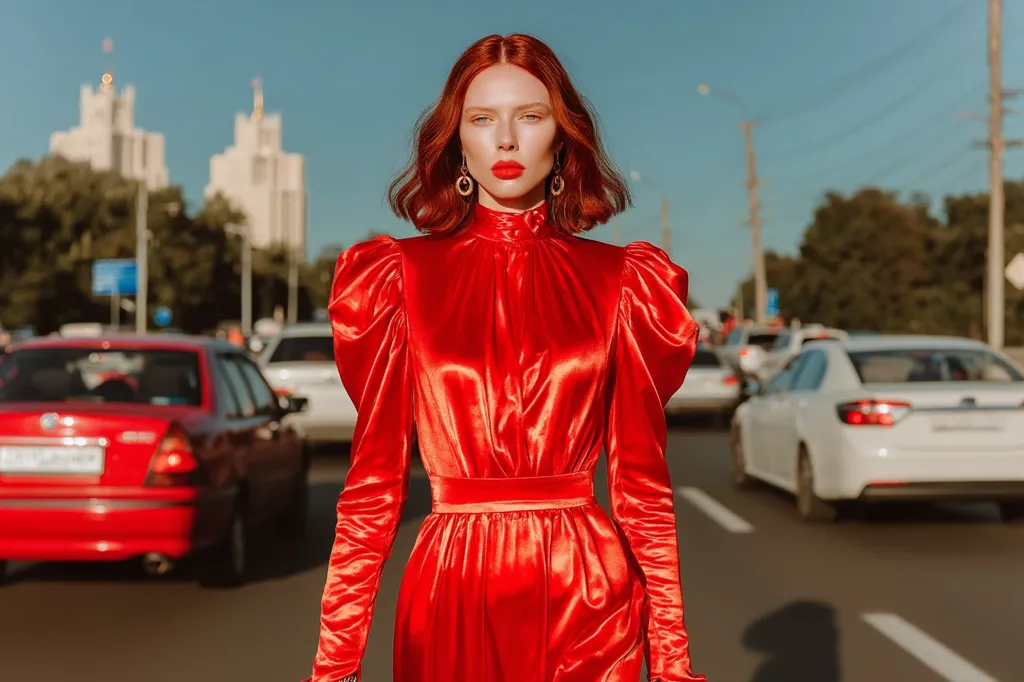 A woman with vibrant red hair stands confidently on a city street, wearing a stunning red satin dress with puffed sleeves.  The dress features a high neck and a fitted waist, creating a sophisticated silhouette.  The background is blurred, showcasing city buildings and cars, contrasting with the model's sharp focus and bold attire.  She wears gold earrings, completing her striking look.