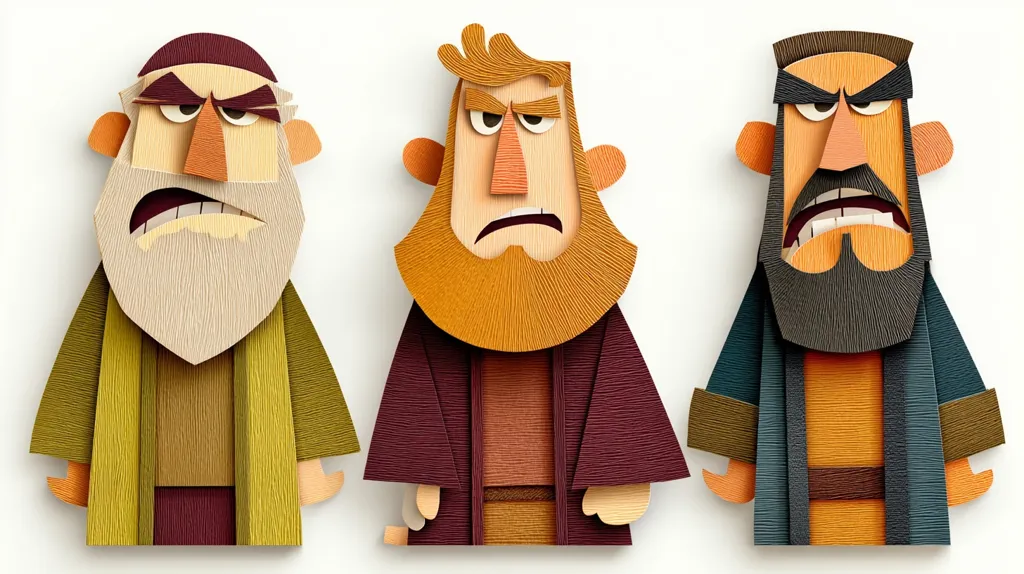 Three stylized paper figures, each depicting an angry man with a beard, stand in a row.  The figures are crafted from textured paper in various earth tones.  They have exaggerated features, particularly their scowling expressions and large beards. The overall style is reminiscent of children's illustrations or graphic design.