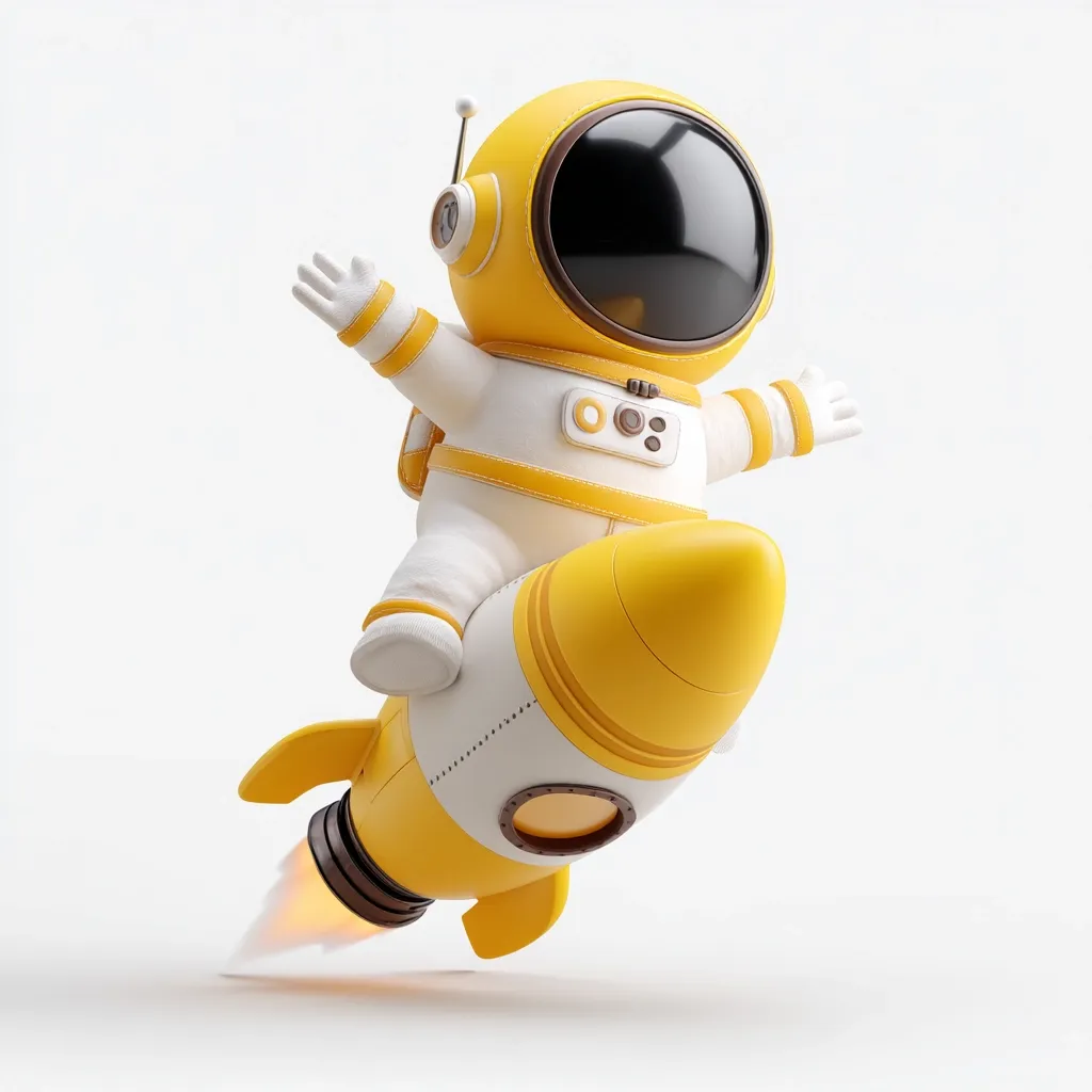 A cute, cartoon astronaut in a yellow and white spacesuit joyously rides a yellow rocket.  The rocket is small and emits a small flame, suggesting a playful, whimsical journey. The astronaut's arms are outstretched, conveying a sense of excitement and adventure. The overall style is 3D rendered and childlike.