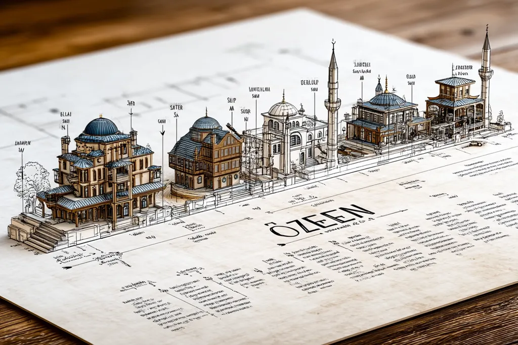 A detailed pen-and-ink drawing depicts a stylized architectural plan of buildings along Özeen Street.  The illustration, resembling a cutaway model, showcases various structures, including mosques and houses, meticulously labeled with names and apparent measurements.  The aged parchment-like paper and handwritten text contribute to a historical, almost antique, aesthetic.