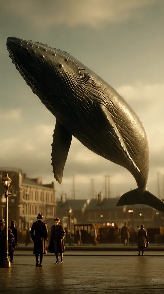 A colossal, metallic humpback whale hovers above a 19th-century city street scene.  People in period clothing, seemingly unaware of the enormous creature, walk along the cobblestone street.  The scene is bathed in a warm, sepia-toned light, creating a surreal and dreamlike atmosphere.  The juxtaposition of the whale and the historical setting is striking and fantastical.