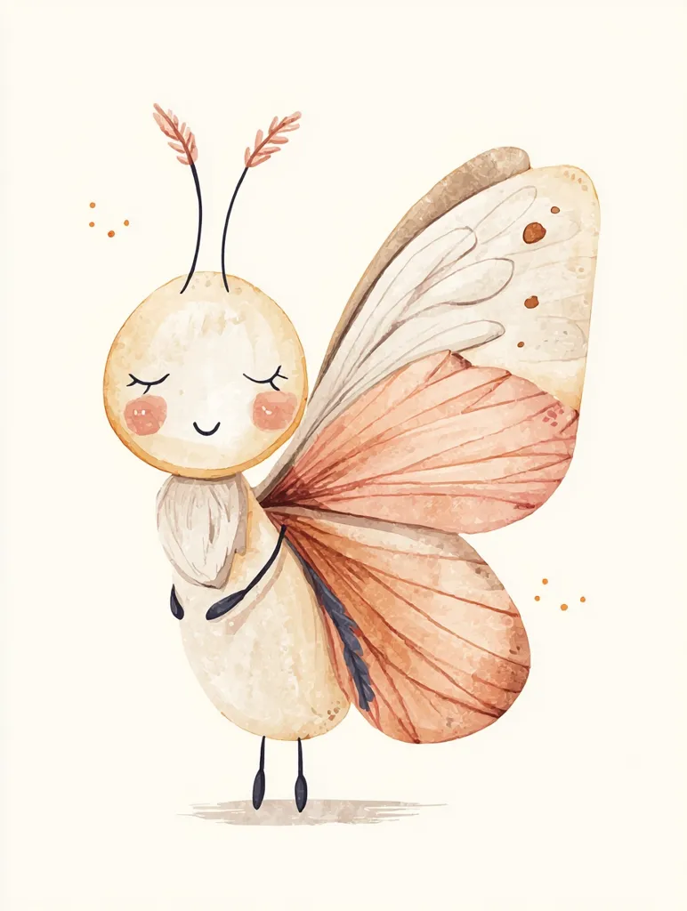 A charming watercolor illustration of a whimsical butterfly.  Its body is round and pale, with tiny arms and legs.  The wings are soft peach and beige, adorned with delicate details. The butterfly has a sweet, closed-eye smile, creating a peaceful and endearing image perfect for children's books or decor.  Small dots scatter the background, adding to the gentle, dreamy atmosphere.