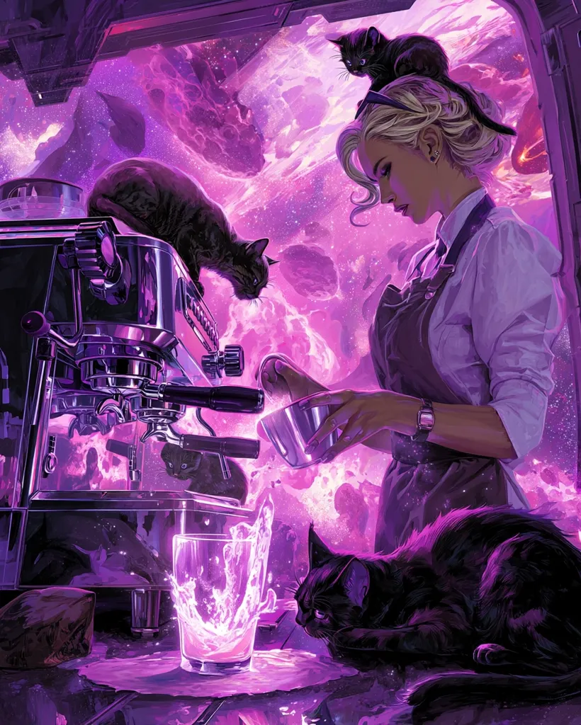 A blonde woman, wearing an apron and a white shirt, stands before a futuristic espresso machine in a cosmic, purple-hued environment.  Three black cats surround her: one perched on her head, one on the machine, and a large one resting nearby. She pours a glowing purple liquid into a glass, creating a splash. The scene is fantastical and surreal, blending elements of science fiction and fantasy.