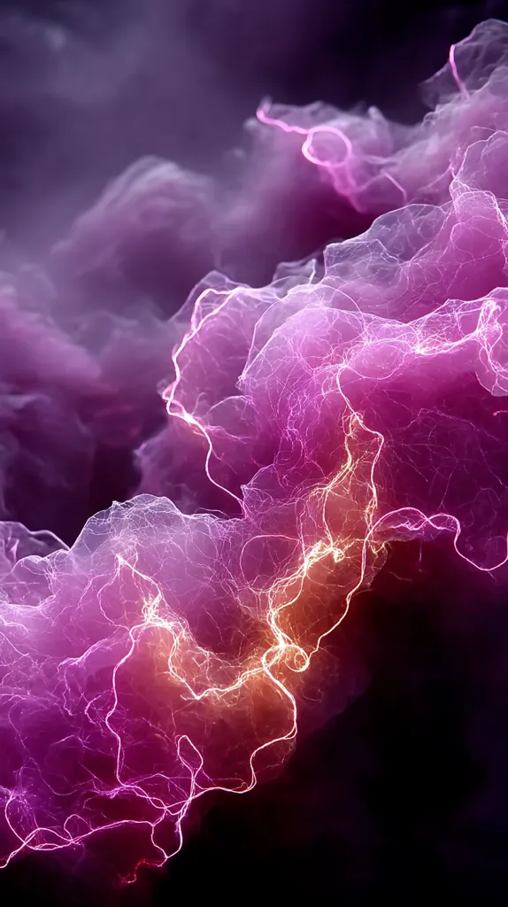 An abstract image depicting a swirling mass of vibrant purple and pink energy.  Intricate, lightning-like streaks of light weave through the clouds of color, creating a dynamic and ethereal effect.  The dark background enhances the luminosity of the energetic forms, suggesting a powerful and otherworldly phenomenon. The overall impression is one of vibrant, chaotic energy and mystical beauty.