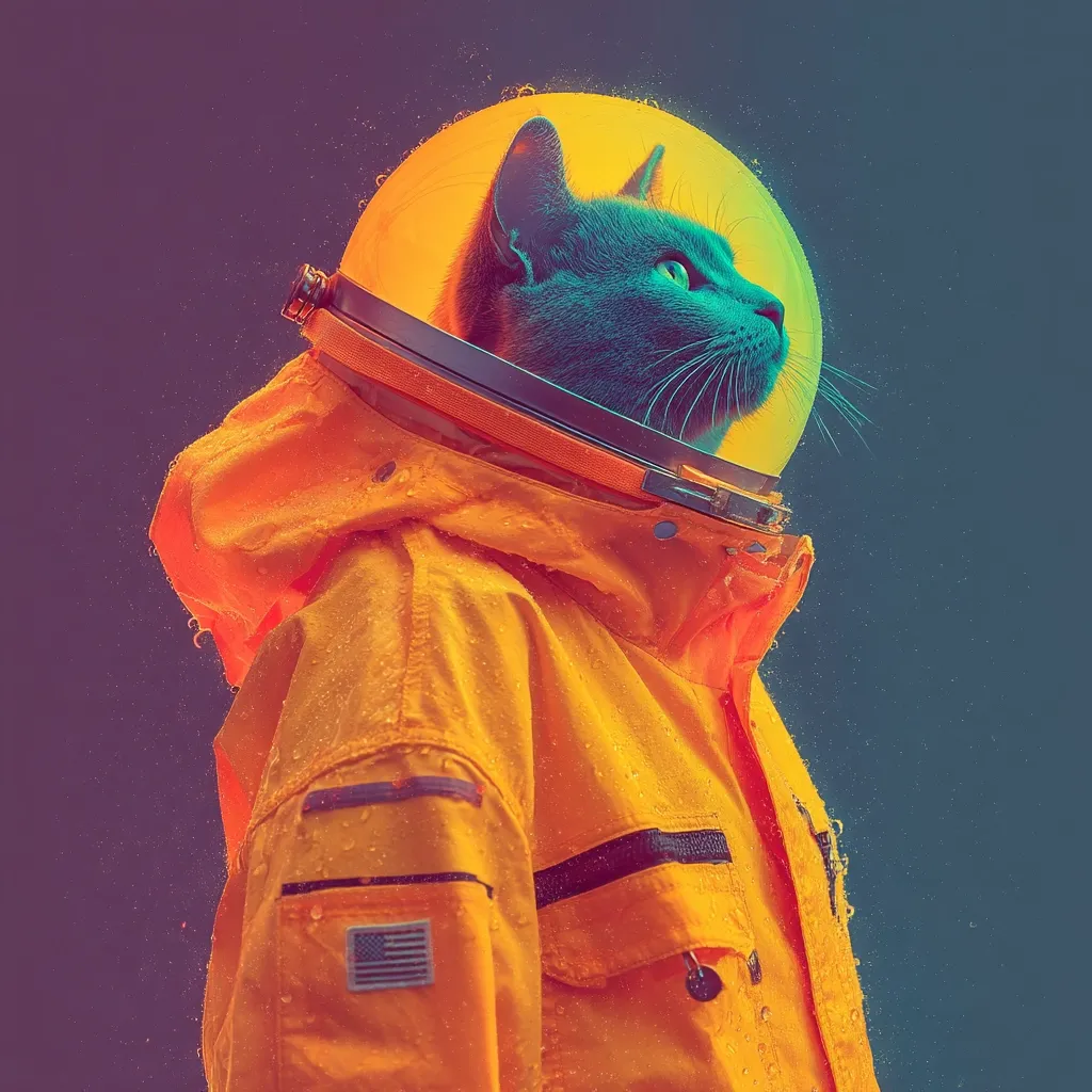 A stylized image depicts a gray cat wearing an astronaut helmet and a vibrant yellow raincoat.  The cat's head is slightly tilted, gazing upward.  The colors are saturated, with a blend of teal and orange hues.  The background is a dark, mottled purple and blue, suggesting a space setting. Water droplets are visible on the raincoat, adding a sense of atmosphere.  A small American flag patch is subtly placed on the jacket.