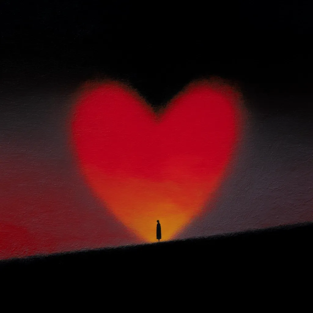 A lone figure stands silhouetted against a large, heart-shaped sunset. The heart's vibrant hues transition from deep red to warm orange, creating a dramatic contrast against the dark landscape. The image evokes a sense of solitude and longing, possibly symbolizing hope or a search for love amidst a vast, unknown world. The painterly style adds to the emotional impact.
