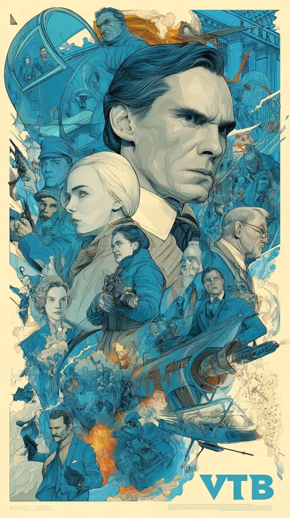 A dynamic, blue-toned illustration depicts a bustling scene from a steampunk-inspired film.  Central figures include a stern-faced man, possibly the protagonist, surrounded by various characters in period attire.  Air vehicles, futuristic technology, and chaotic action fill the background, suggesting a fast-paced, adventurous story. The overall style is detailed and evocative, hinting at a narrative of intrigue and suspense. The "VTB" logo is prominently displayed at the bottom.