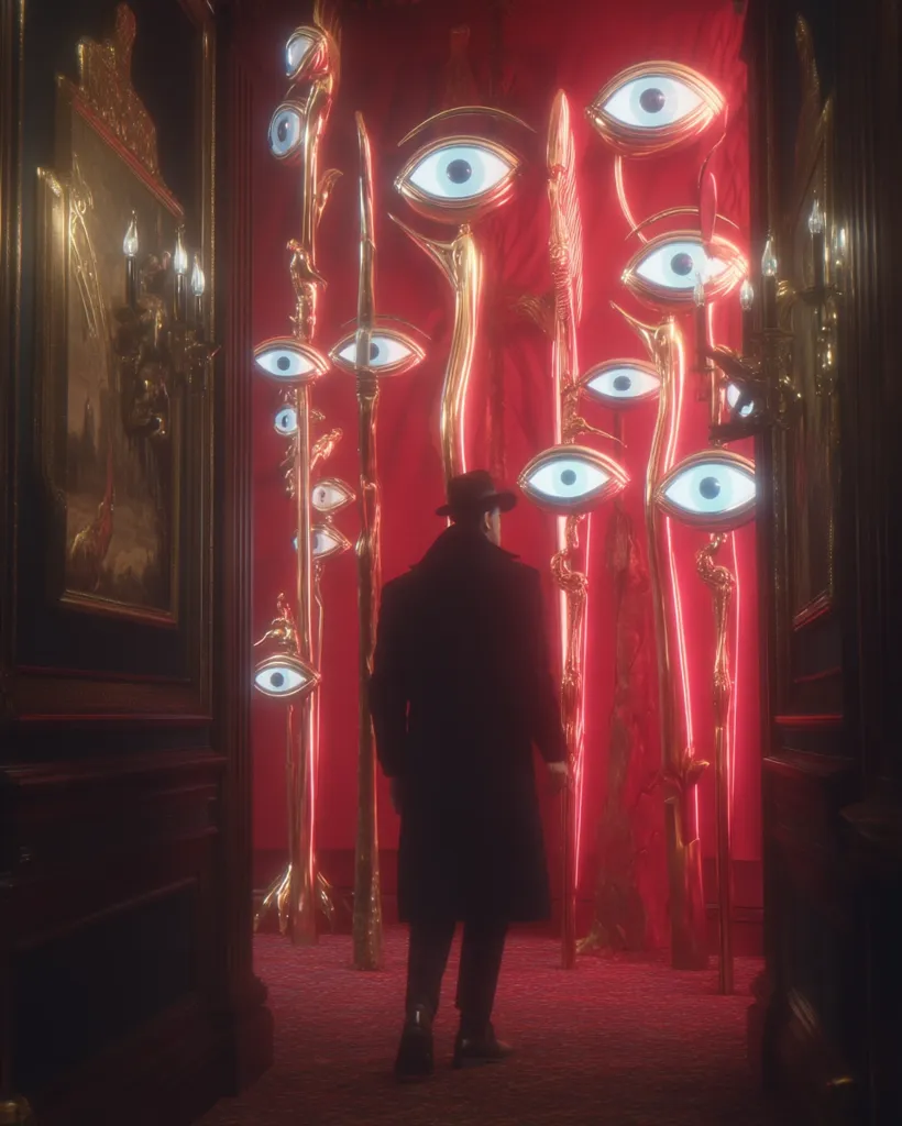 A man in a dark coat stands in a hallway bathed in red light.  Tall, golden structures with glowing, large eyes adorn the walls. The scene is surreal and unsettling, with a blend of opulent and eerie elements, suggesting a mysterious or perhaps supernatural setting. The overall atmosphere is one of suspense and intrigue.