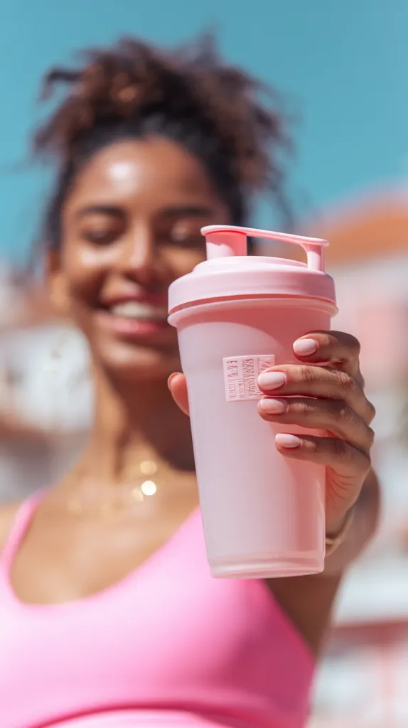 A smiling young woman with dark hair tied up in a bun holds a pink shaker bottle.  She's wearing a pink sports bra, suggesting a fitness or health-conscious lifestyle. The background is blurred, showing a bright sunny outdoor setting. The focus is sharply on the bottle and the woman's hand.